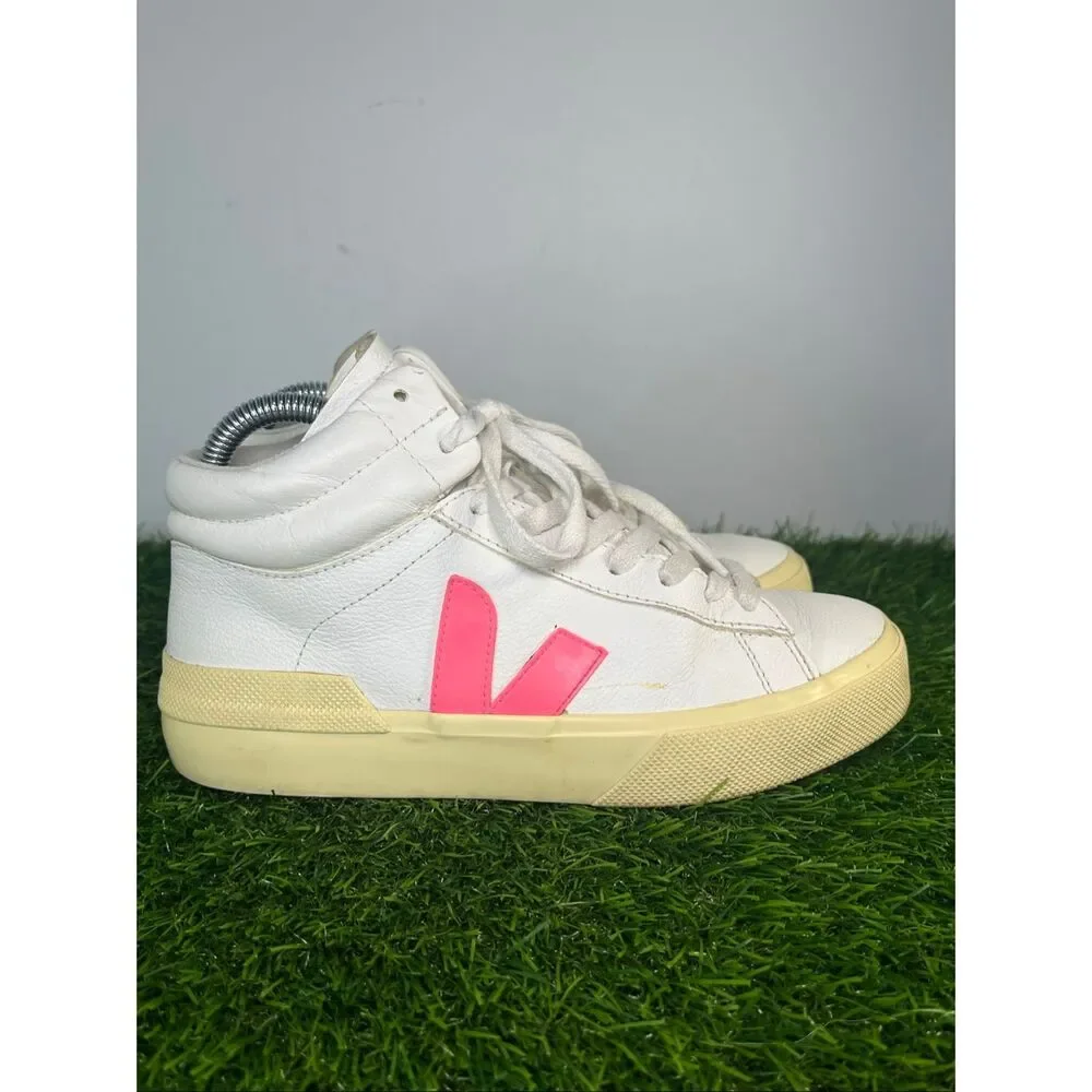 VEJA White Pink Neon High Top Sneakers Women’s Size 6 EU 37 Leather Casual Shoe